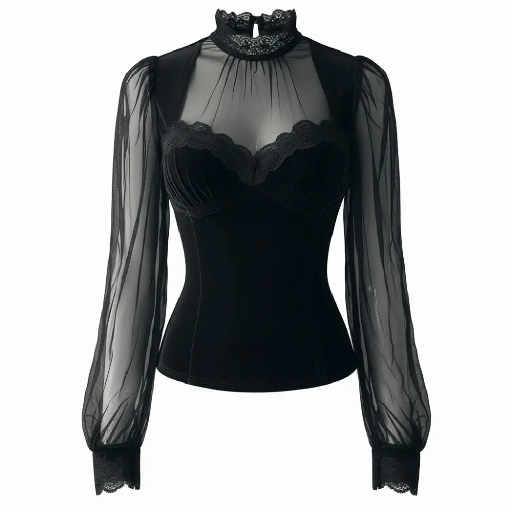 

Элегантный топ, сетчатая блузка с высоким воротом, прозрачная кружевная блузка с длинными рукавами, утягивающий дизайн, кружевные лоскутные готические блузки, ранняя весна