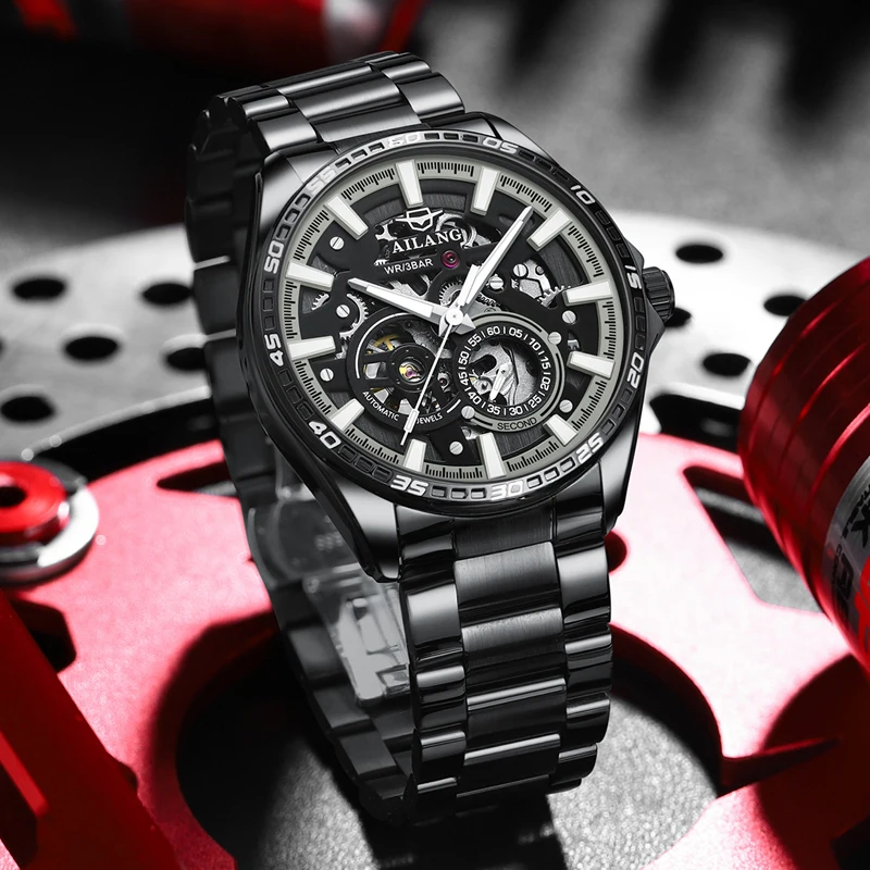 

Новые автоматические механические часы с двойной секундной стрелкой, мужские роскошные светящиеся полые водонепроницаемые часы с ремешком из нержавеющей стали