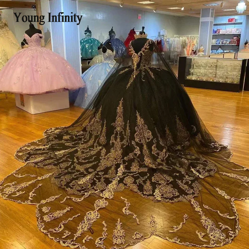 Gorgeous Black Quinceanera Dresses Gold Applique Ball Gown Princess Birthday Party Sweet 16 vestidos de 15 With Cape Gothic