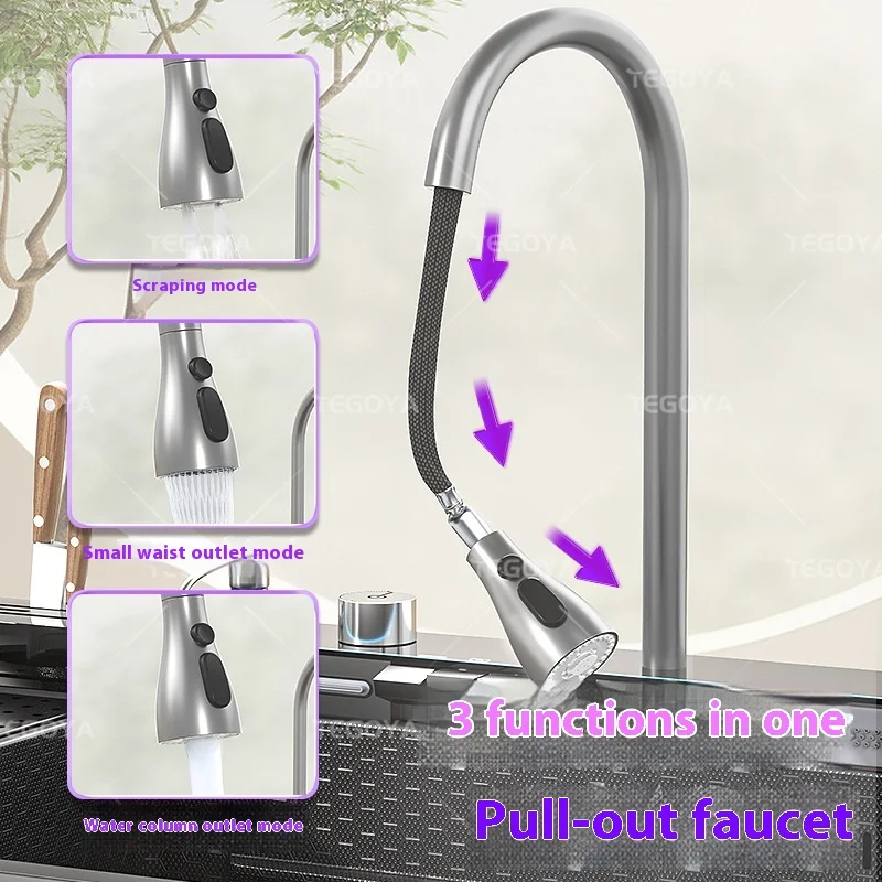 디지털 디스플레이 수도꼭지 쓰레기통 304 스테인레스 스틸 대형 폭포 단일 그릇 주방 싱크대 나노 표면