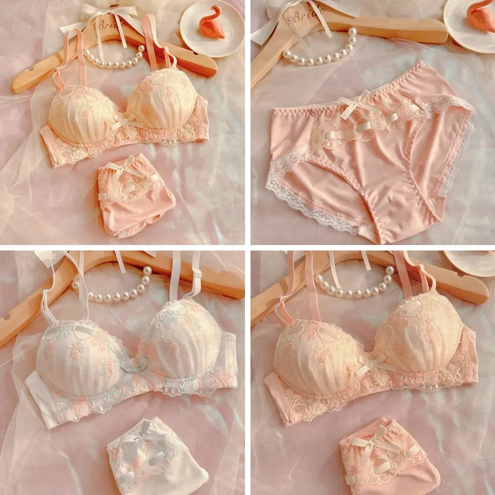 

Sweet Girl Embroidered Bra Set, Thin Cup Comfort Silk Band Cute Fresh Underwear No Steel Ring