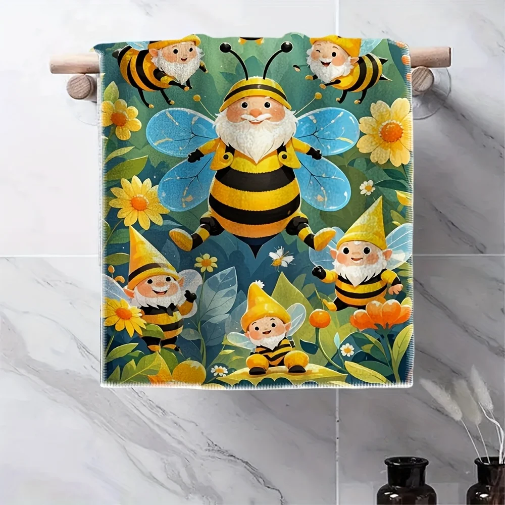 1pc Bee Gnome Garden Printed Kitchen Towel, Soft Absorbent Hand Towel,Perfect for Bathroom,Kitchen,Spring Decor,Gnome Lover Gift