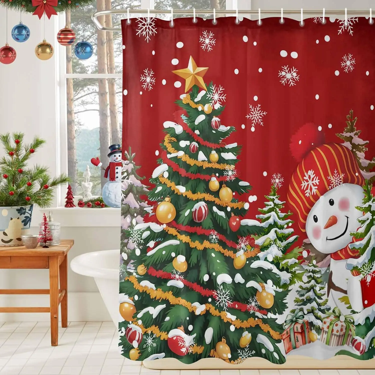 Vintage Xmas Tree Waterproof Shower Curtains for Bathroom, Balls Snowflake Washable Fabric Bathtub Curtain Set Bath Decor