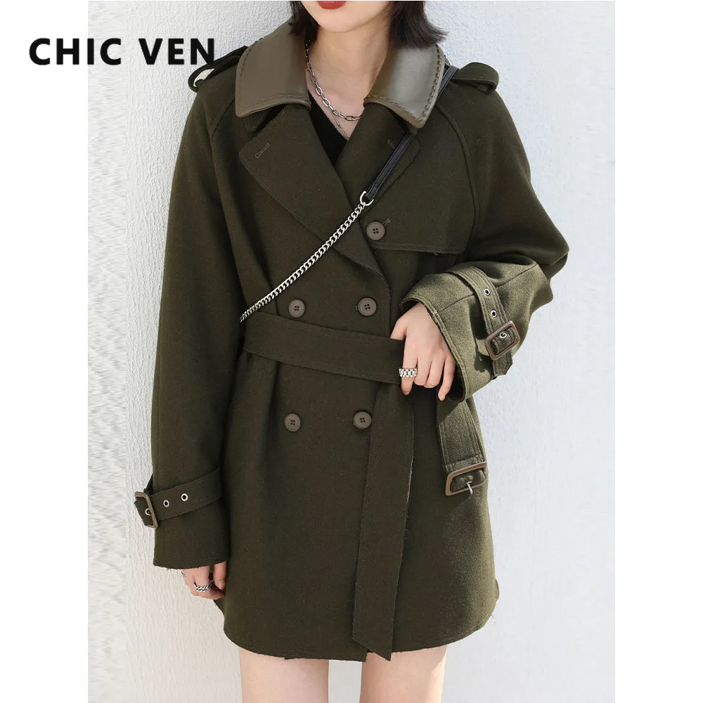 

CHIC VEN Women Coats Belt Woolen Solid Jackets Warm Thick Overcoat Office Lady Windbreak Female Trendy Outwear Top Winter 2024