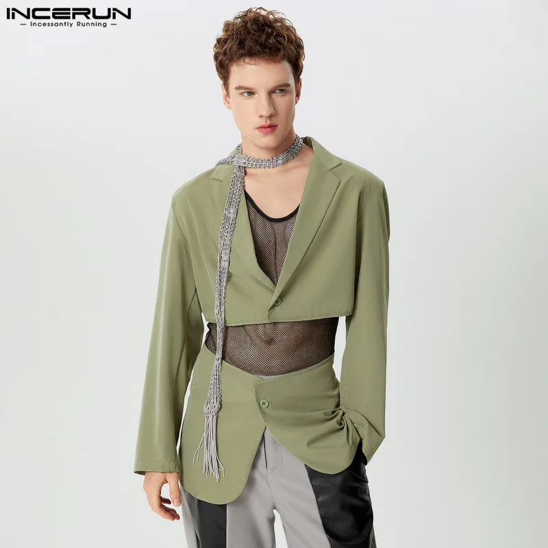 INCERUN Men Blazer Solid Color Hollow Out Lapel Long Sleeve Button Casual Irregular Suits Men Streetwear 2024 Fashion Male Coats