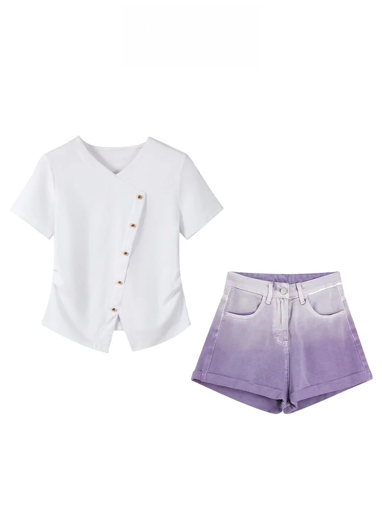 

Casual Sle Two-Piece Set Slim Fit ort Sve Top with Faionable adient Denim orts Summer New Arrival for Petite Women