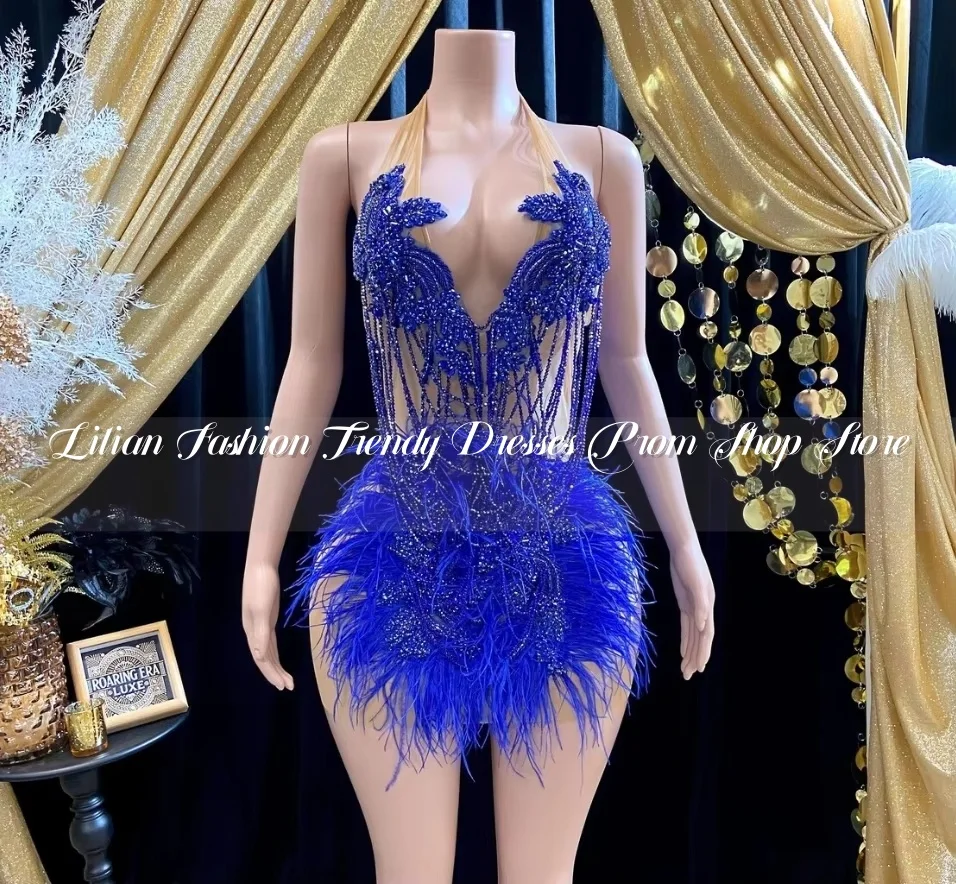 Royal Blue Feather Halter Short Prom Dress Sexy Luxury Crystal Rhinestone Black Girls Birthday Party vestidos de festa Custom