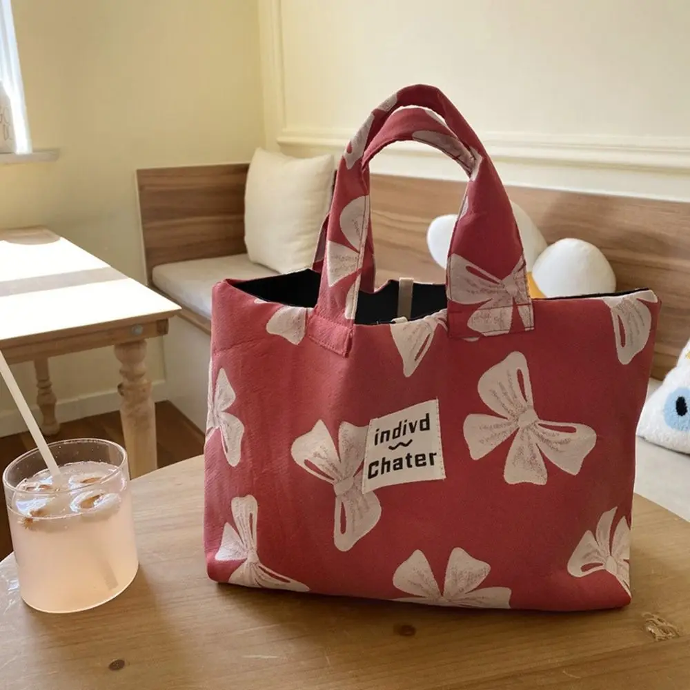 French Red Bow Handbag Canvas Bag Women Student Casual Portable Tote Bag Handheld Lunch Bag