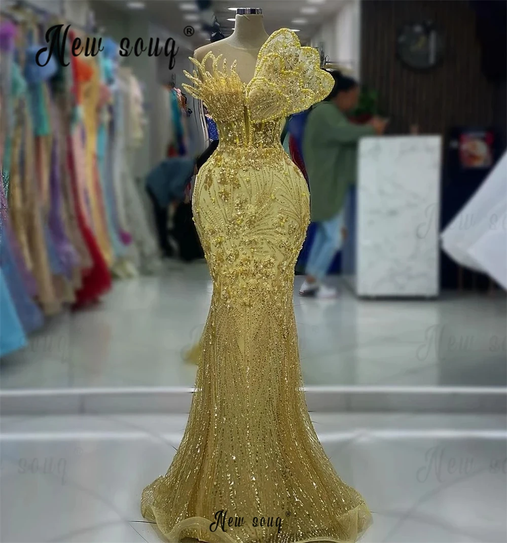 Vestido de fiesta de lentejuelas amarillas con perlas para mujer, vestidos de graduación de sirena, elegantes batas de invitación, vestido de dama de honor hecho a medida