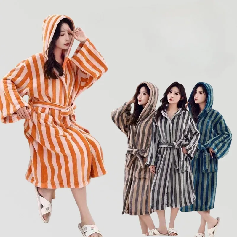 Thick Warm Women Bathrobe Hooded Sleepwear Ladies Dressing Gown Long Sleeve Flannel Stripe Bath Robe for Female Pyjamas