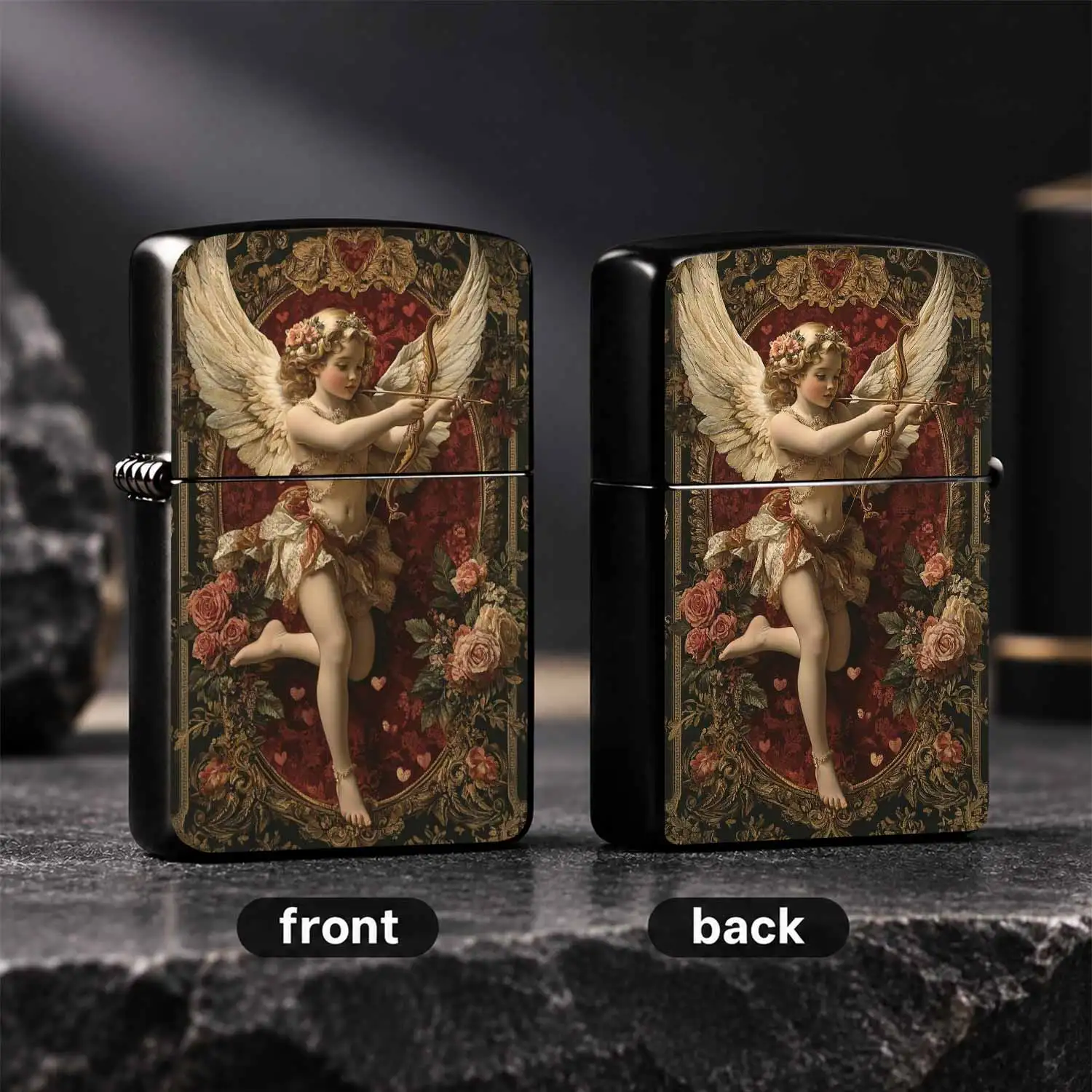 Vintage Cupid Decorative Lighter, Luxe Gilded Red Background Rose Angel Arch Art Pattern, Exquisite Portable Vibe Item, Suitable For Daily Multi Scenes, Gifting, & Personal Use, Romantic Retro Artistic High Quality Practical Carry Along Gad