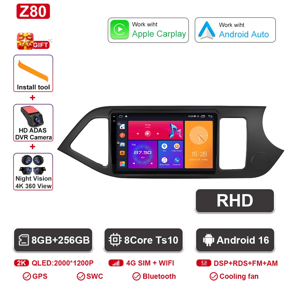 Android 16 Voor KIA PICANTO Ochtend 2011 2012 2013 2014 2015 2016 Carplay Auto Multimedia Autoradio Navigatie Speler WIFI + 4G DSP