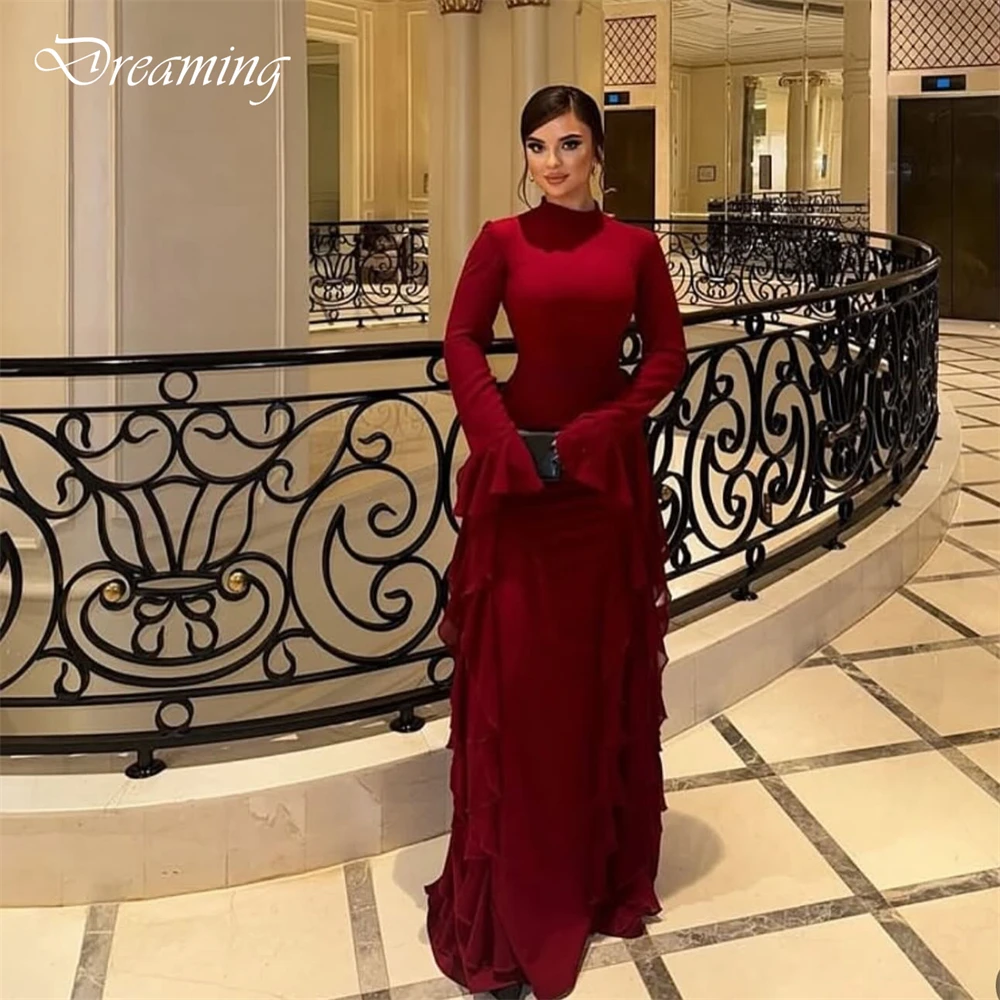 Vestido de noche de gasa burdeos moderno personalizado, vestido de fiesta de manga larga con cuello redondo a la moda, vestidos clásicos hasta el suelo para celebridades