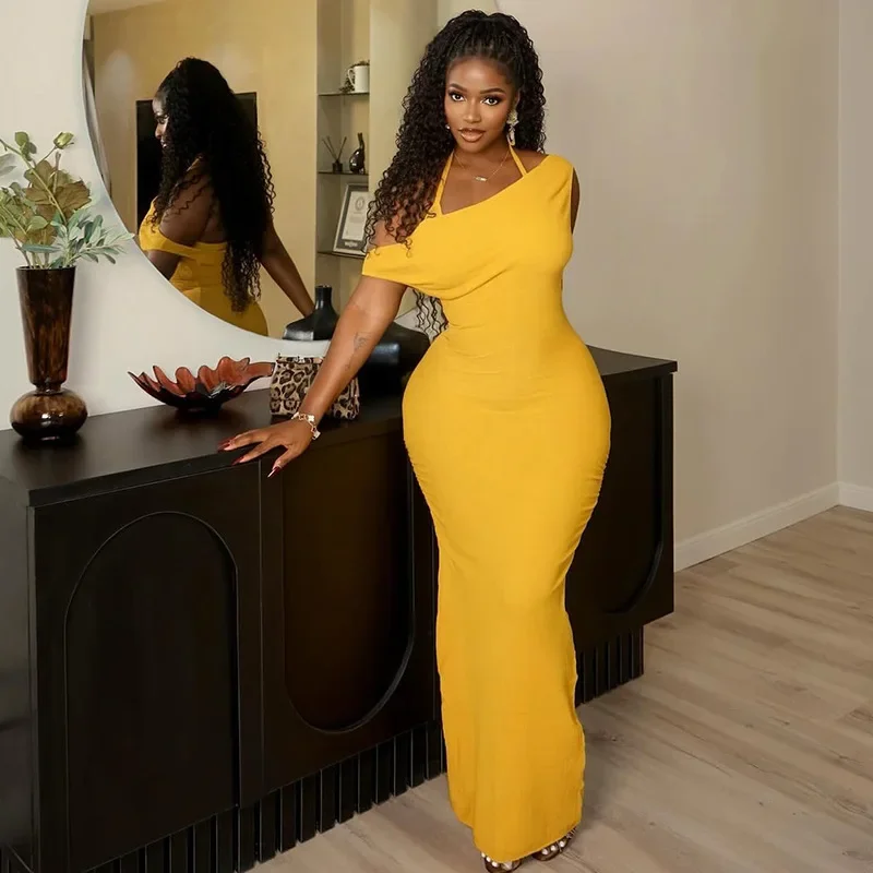Elegant Sexy Bodycon Maxi Party Dress Women Solid Inclined Shoulder Lace Up Halter Backless Split Slim Evening Gown Long Robe