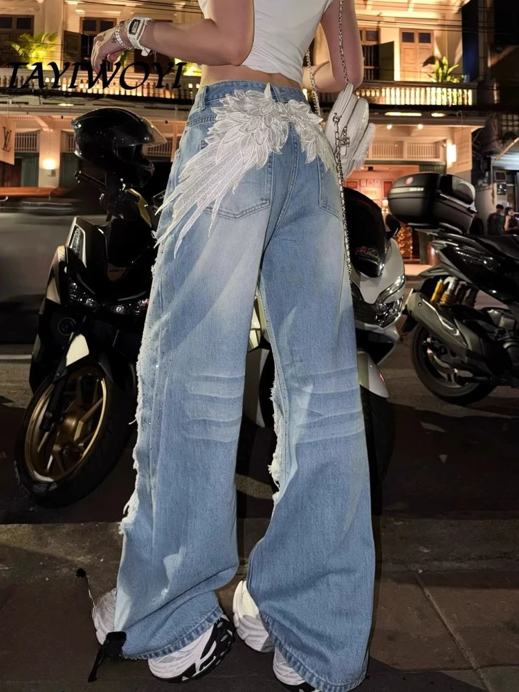 

American Vintage Wings Patchwork Denim Full Length Jeans Rhinestone Y2k Retro Streetwear Women Distressed Button Spring Summer