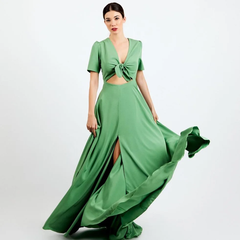 V-neck Satin Dress Short Sleeve Custom Made Evening Dresses For Women A-line Prom Gown Floor Length Green Dress With Slit