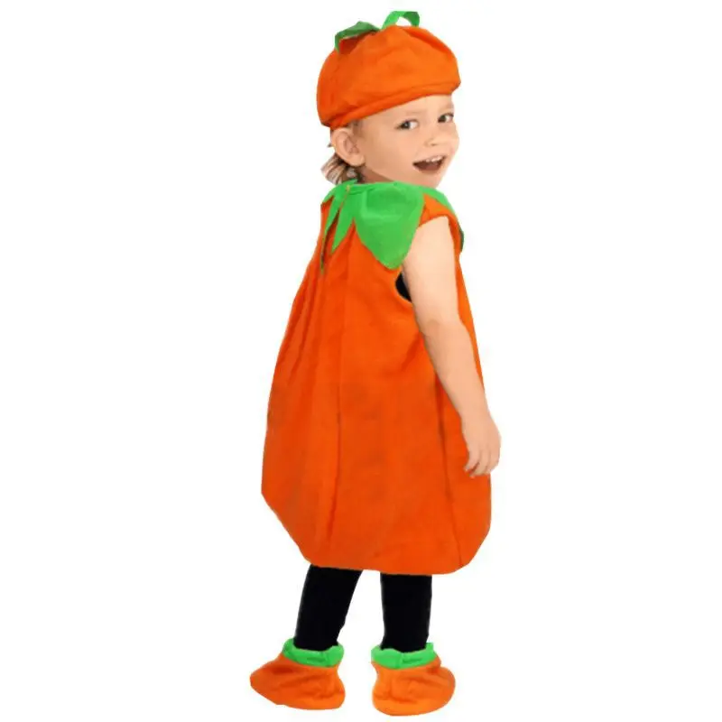 Children Pumpkin Suit Cosplay Costume Cute Jumpsuit with Hat Shoes Boys Girls Outfit Halloween Carnival Holiday Show Clothes