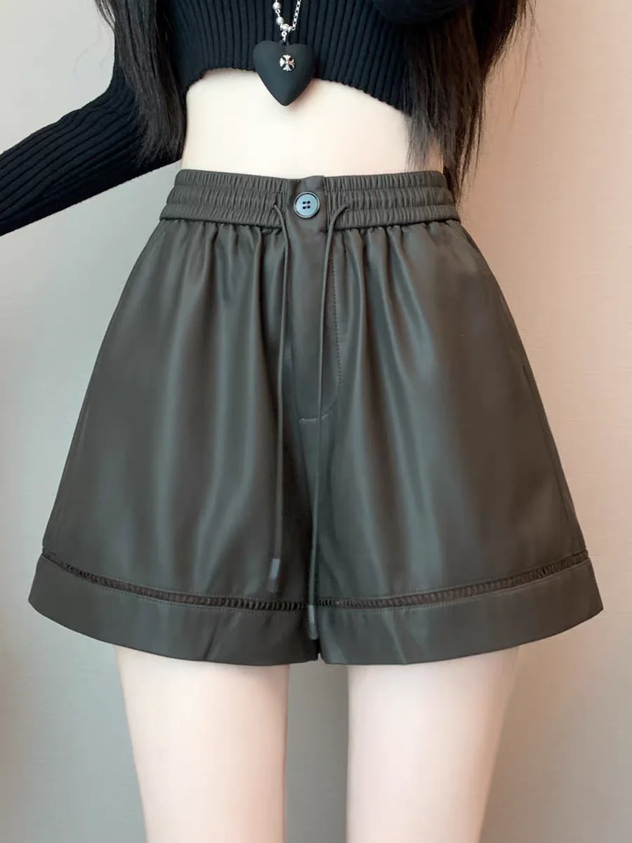 키 작은 여성용 하이웨이스트 PU 레더 숏팬츠, 신축성 있는 A라인 와이드 레그 부티 숏팬츠 (2025년 가을/겨울)