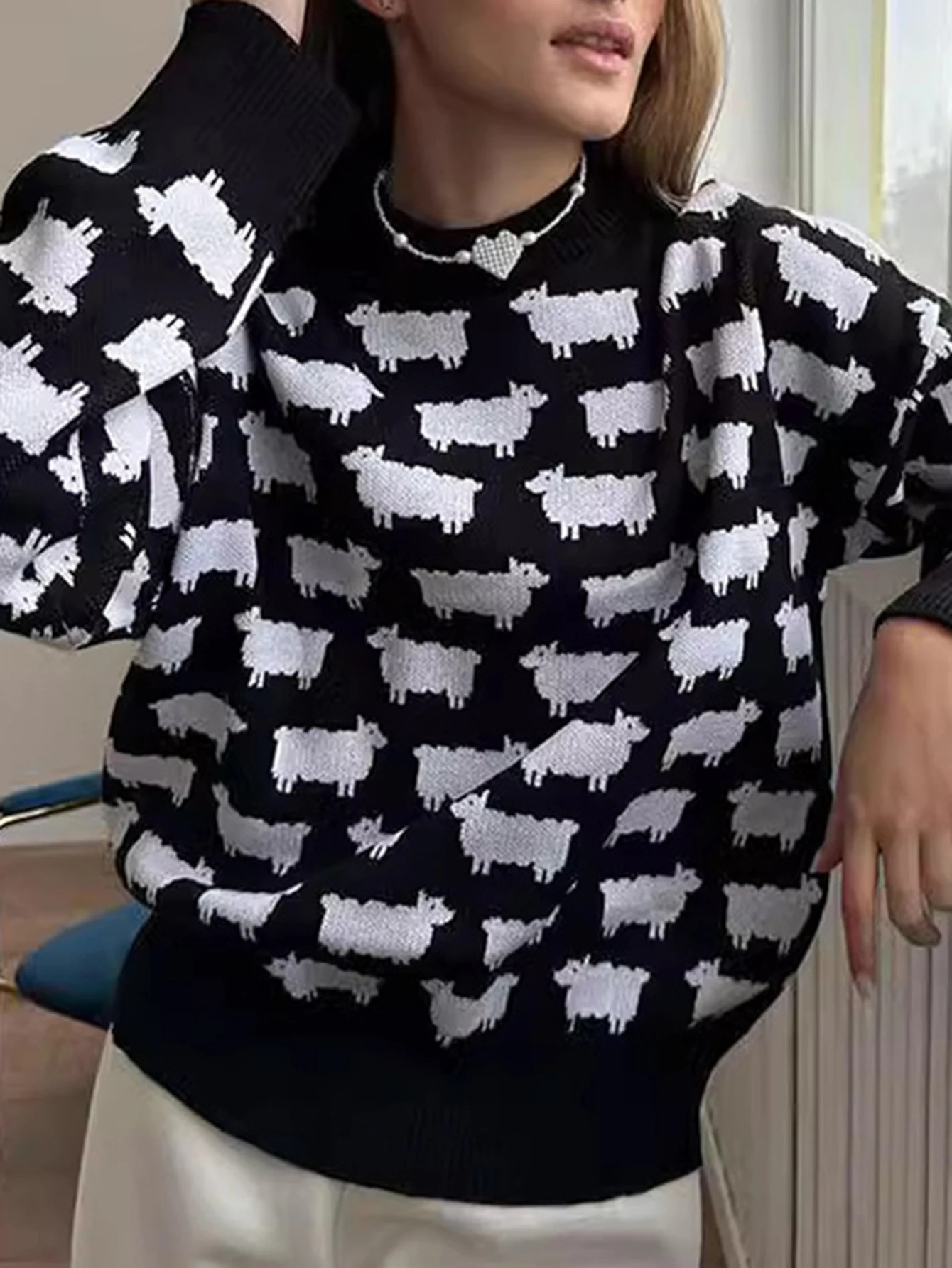 

Women's Long Sleeve round Neck Sweater Autumn Winter Fashion Comfortable Sheep Print Daily Top