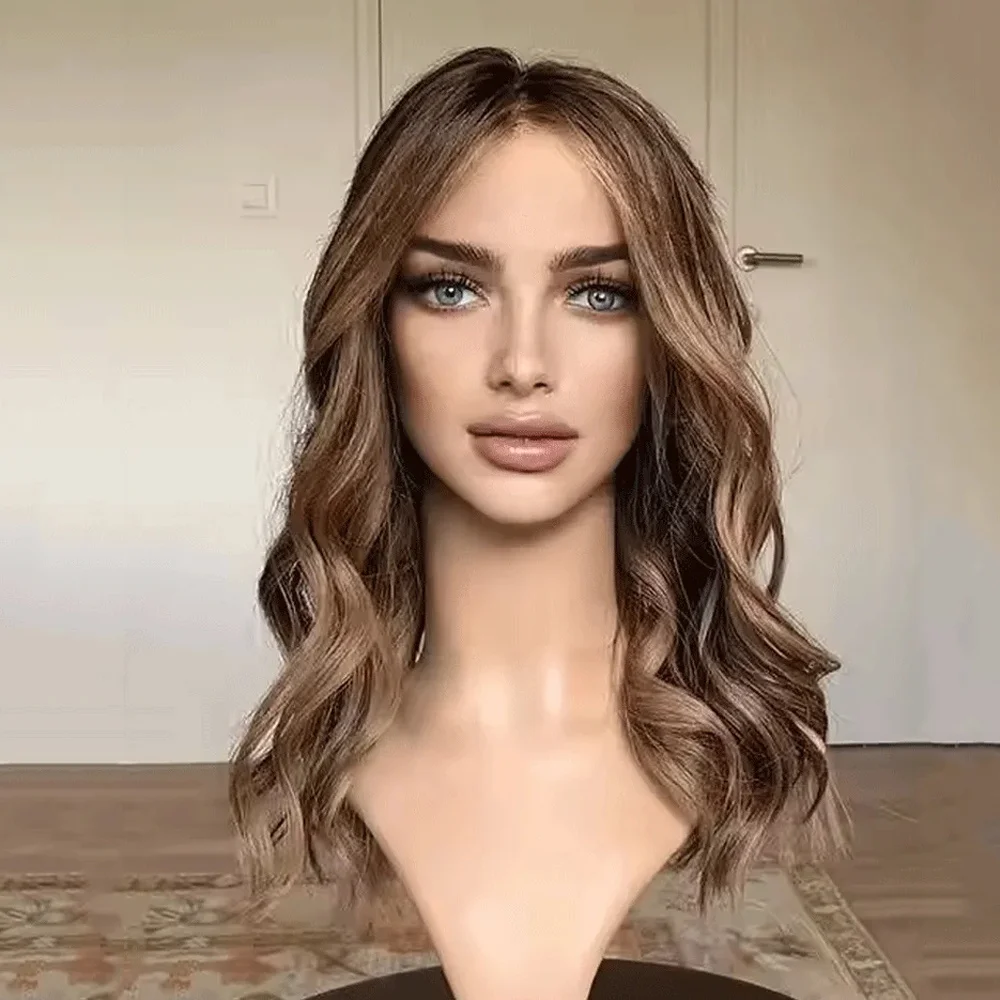 Women's Wig Ombre Dark Caramel Brown Balayage Luxury Synthetic Lace Front Wig Soft Glueless Hairline Wig Preplucked Hairline