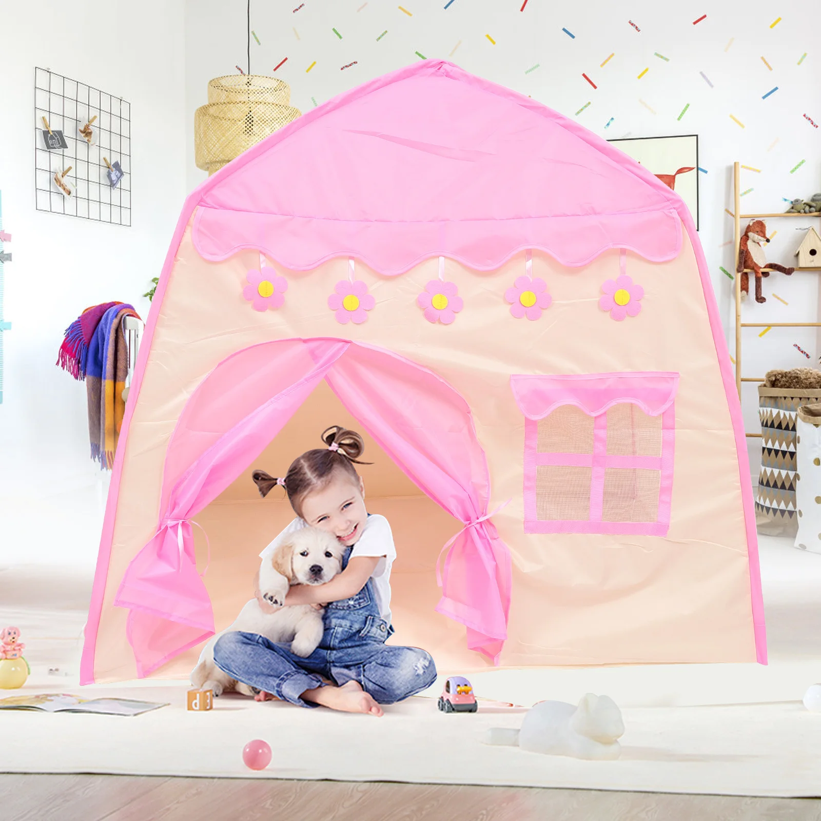 Casa de juegos plegable para niños con flores, castillo de juegos interior, tienda de juegos, tienda para dormir para bebés, duradera, resistente al desgaste