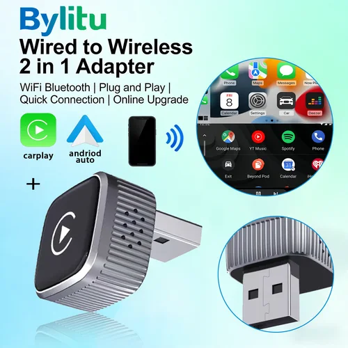 BYLITU Mini M2 Adaptador Universal Inalámbrico CarPlay/Android Auto |   Plug & Play | Liso y sin bandera, Compatible con sistemas OEM