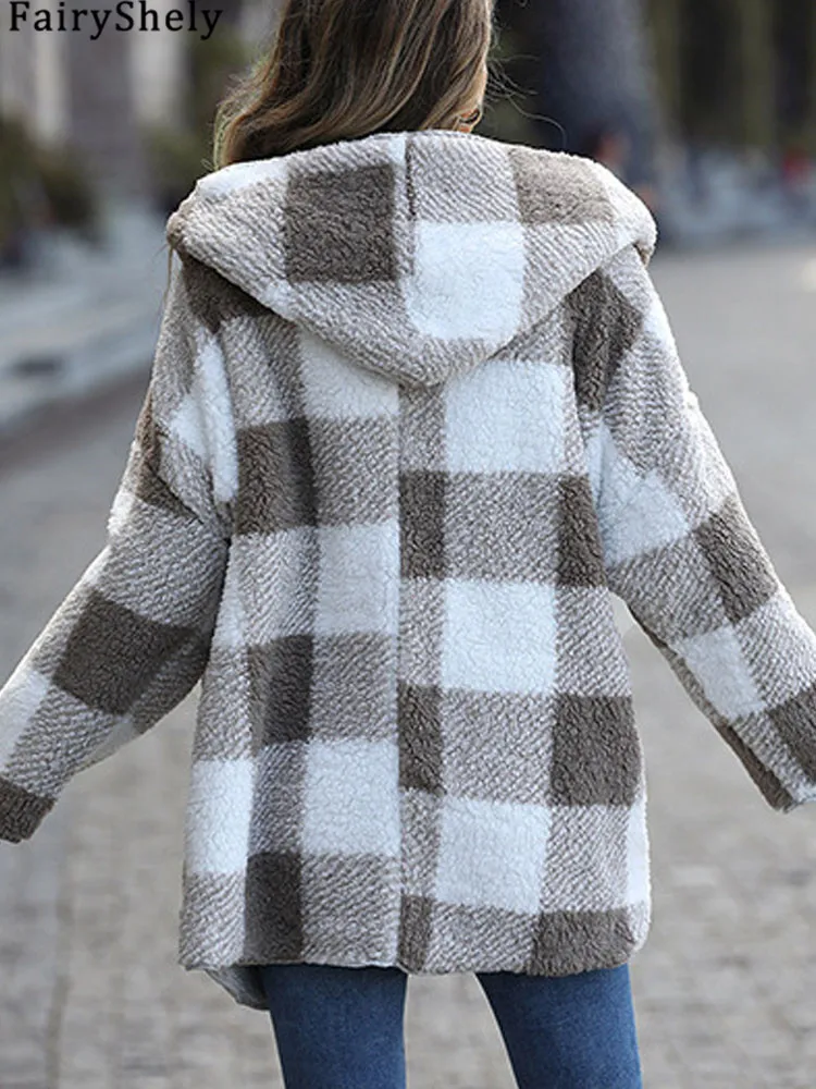 FairyShely 2024 Autumn Women Two-sided Jacket Thick Plush Hooded Warm Loose Plaid Print Coat Soft Casual Cardigan Lady Coat