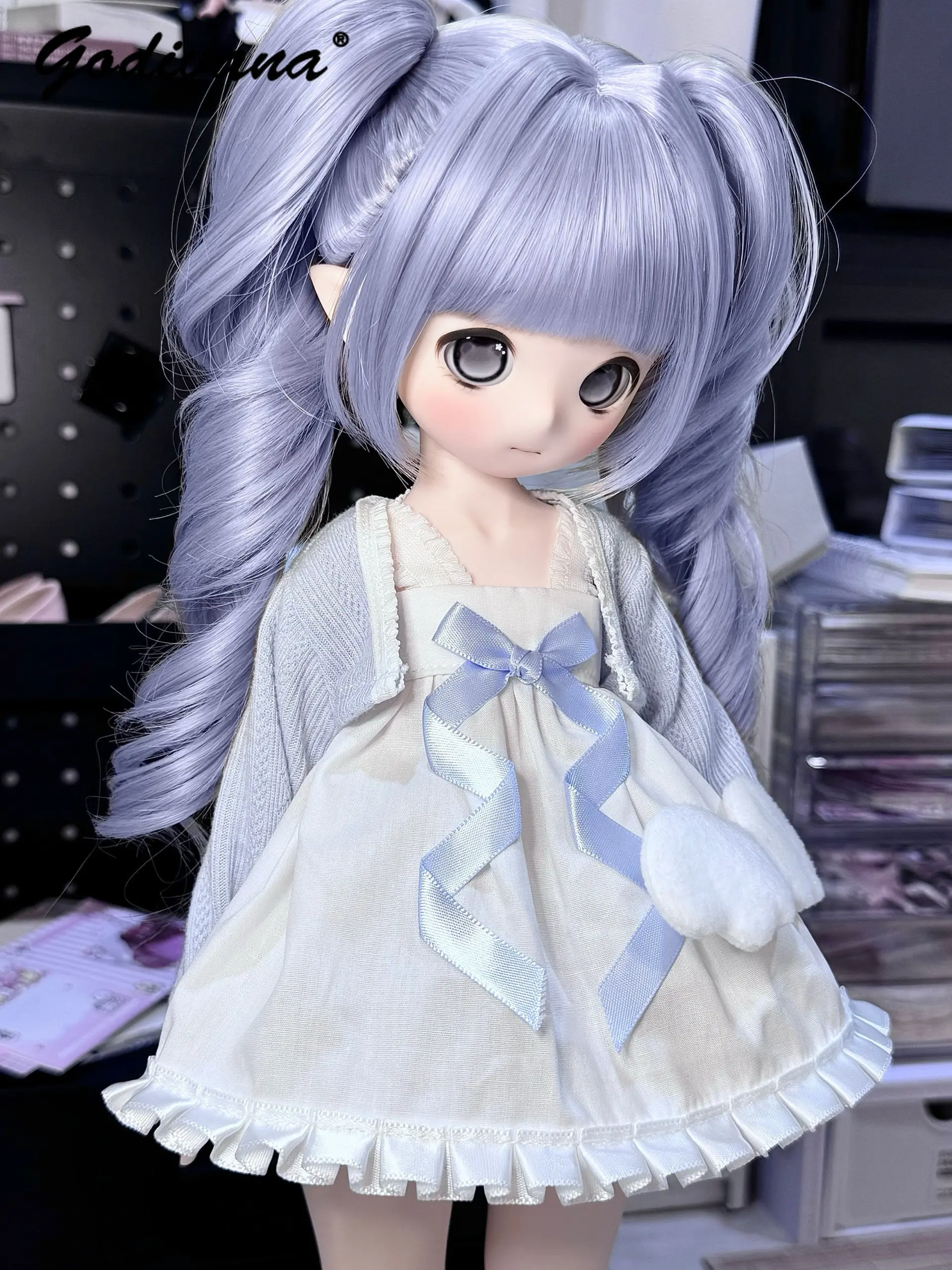 1/4 1/6 BJD Doll Clothes Sweet Cute Sleeveless Ruffle Trim Bow Ribbon Short Suspender Rabbit Skirt with Knit Cardigan 2pcs Set