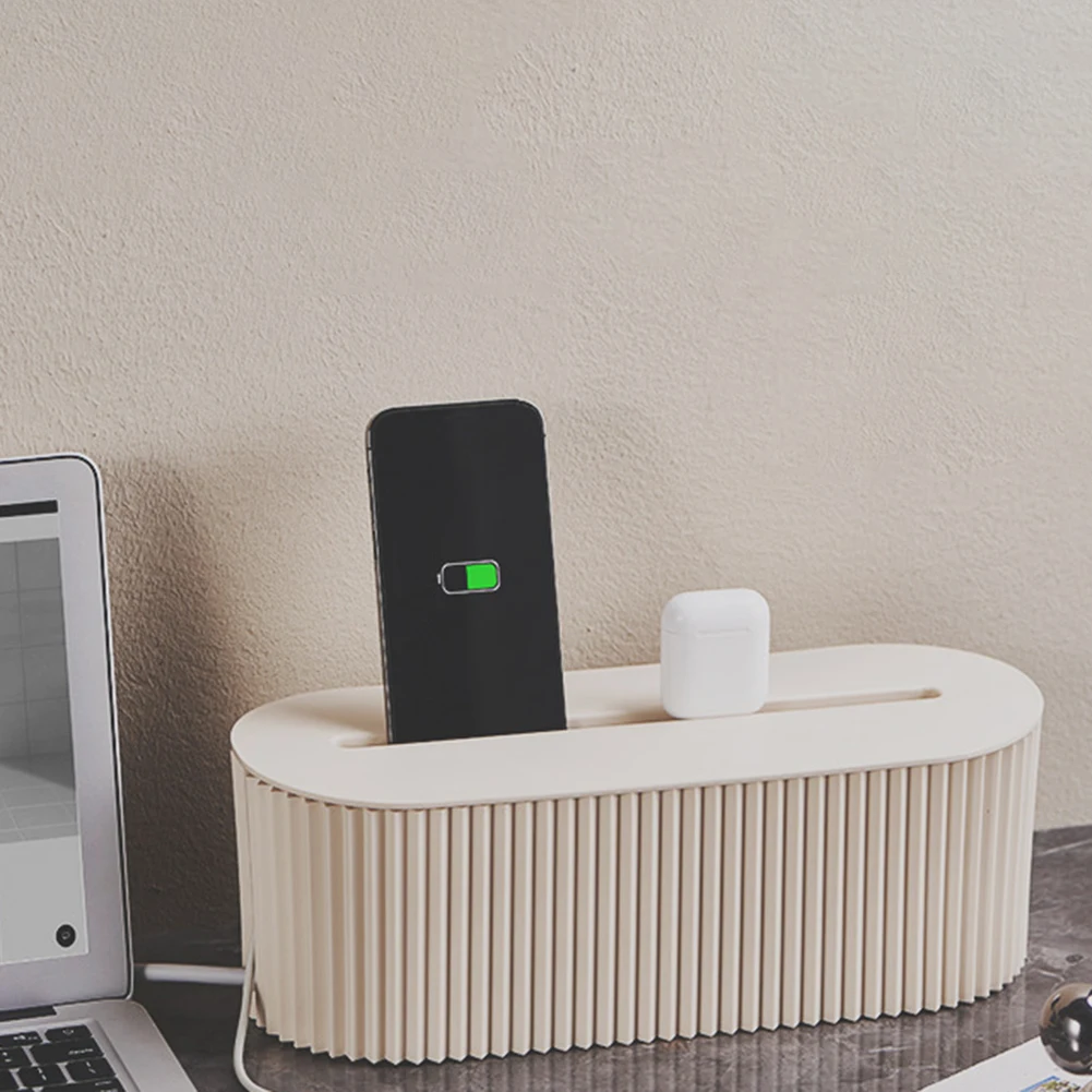 Large Cable Tidy Box, Beige Cord Organizer with Lid, Stackable Plastic Desk Cable Management for Home Office