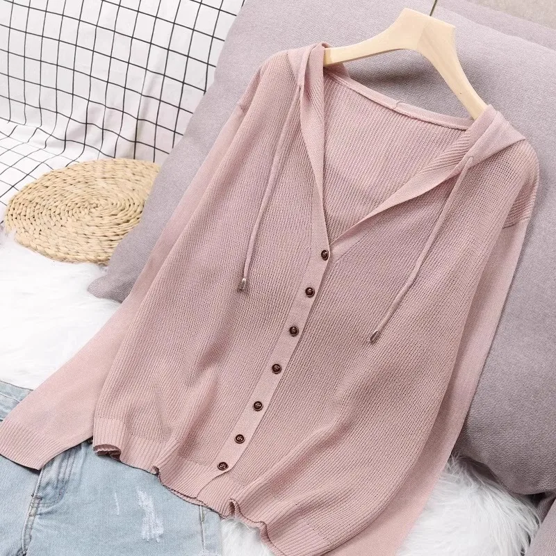 

Summer Thin Hooded Coats Women Single Breasted Long Sleeves Hollow Out Sunscreen Tops Loose Casual Female Knitted Cardigans