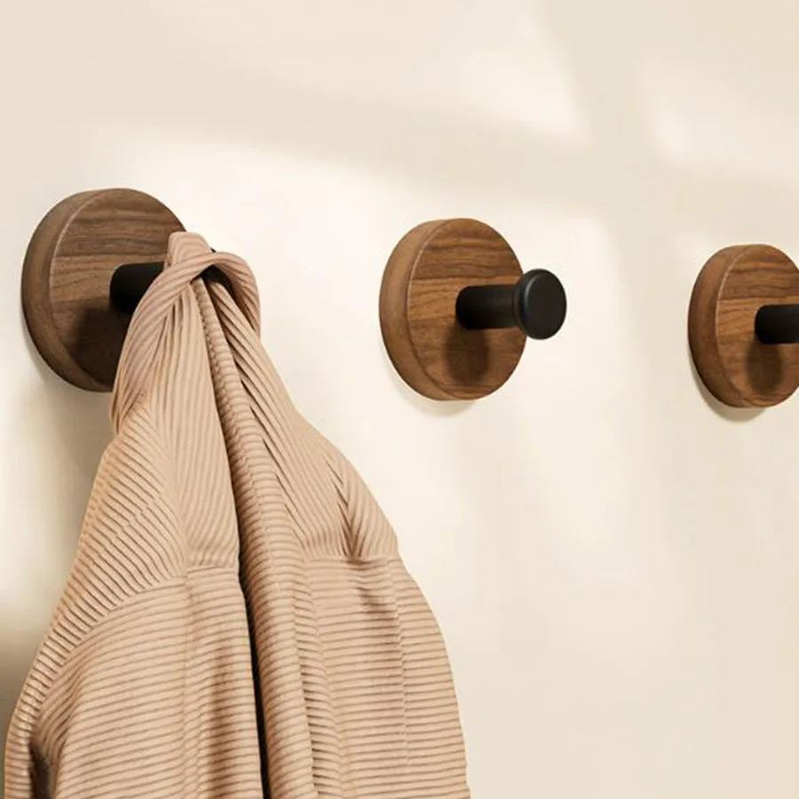 Walnut Wood Door Hook Adhesive Bathroom Towel Rack No-Drill Wall-Mounted Coat Hanger Wooden Hook for Kitchen or Bathroom