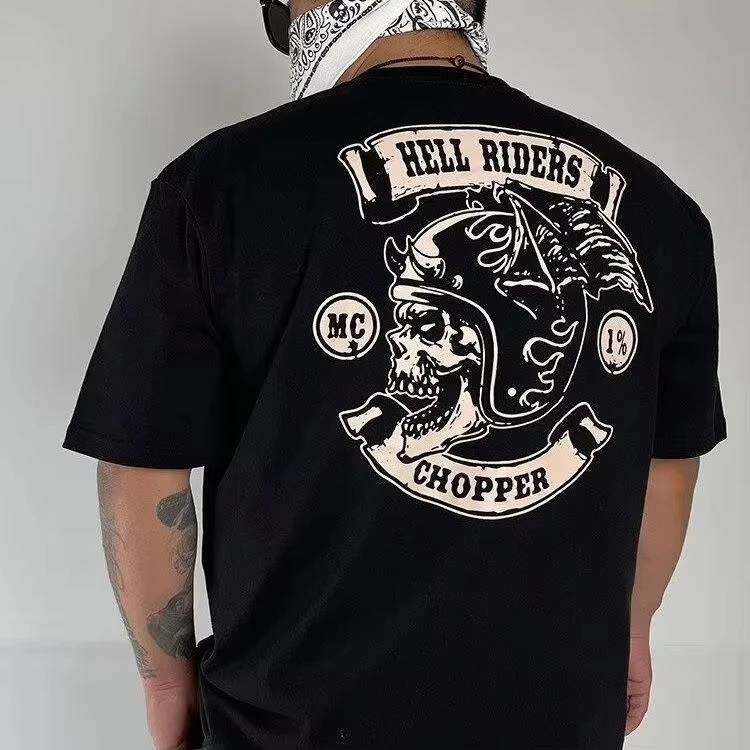 

Summer Tough Guy Trendy Locomotive Retro Men Women Short Sleeve Hell Knight Skull Pure Cotton Loose Heavy Short Sleeve T-shirt