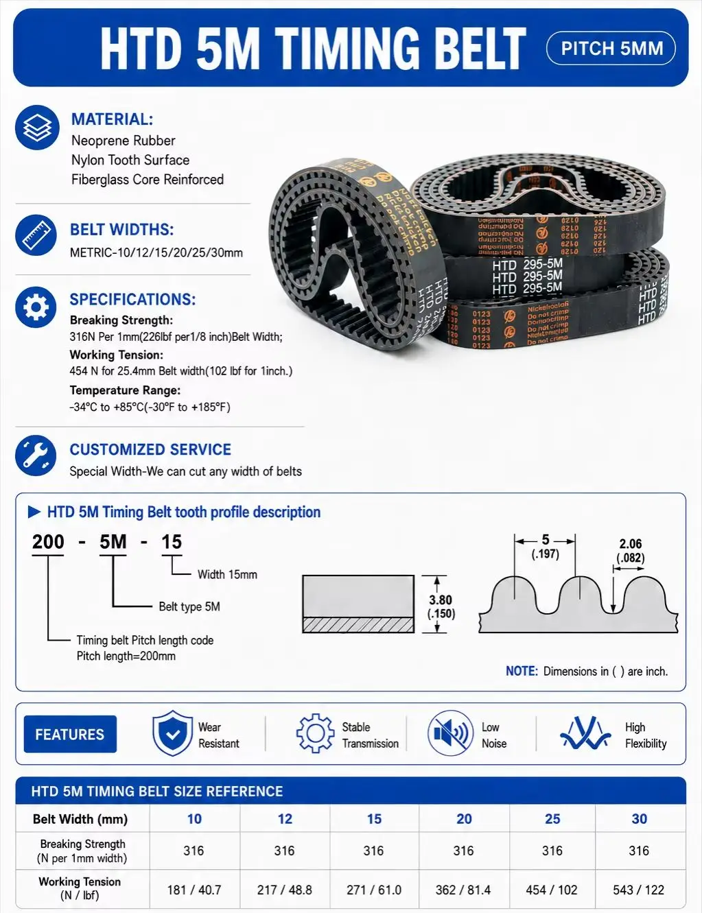 HTD 5M Timing belt Lp=370 375 380 385 390 395 400 405 410 415 420 425 430 435 440 445 450 455 460 465 Width 10-30mm HTD5M Rubber