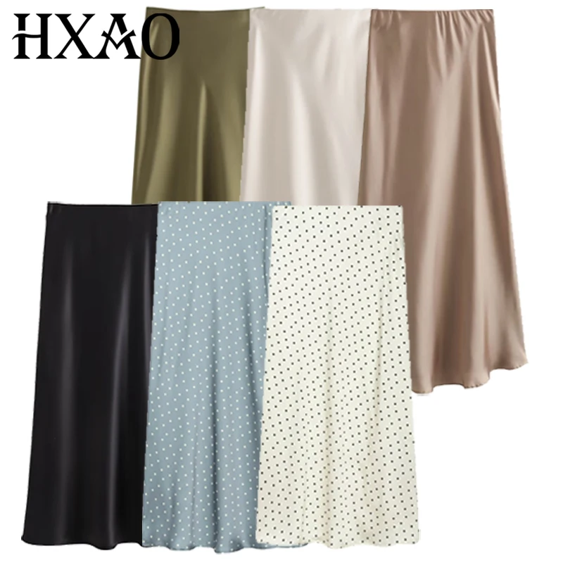 HXAO Elegant Midi Satin Skirt Women's Summer 2026 Polka Dot A -Line Smooth High Waist Skirt Black White Green Khaki Skirts