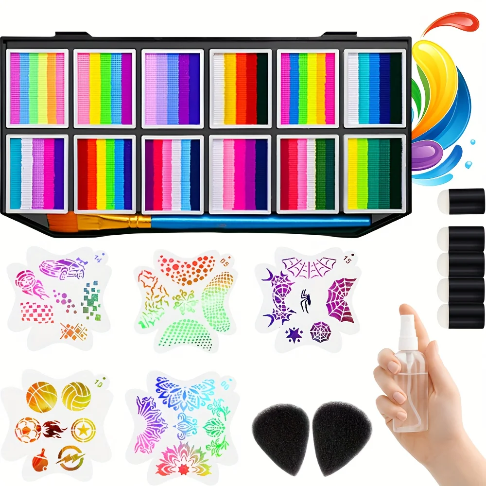 Palette de peinture arc-en-ciel pour le visage et le corps, 12 couleurs, avec pochoirs en PVC, maquillage activé par l'eau, ensemble artistique pour Halloween, fête, festival, DIY