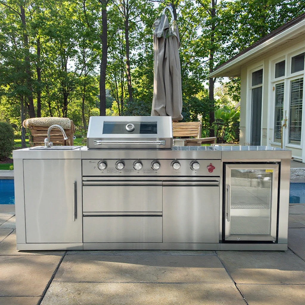 Modular 304 Stainless Steel Outdoor Kitchen Corrosion Preventive Features Korean Style BBQ Sink Refrigerator Assembles Freely