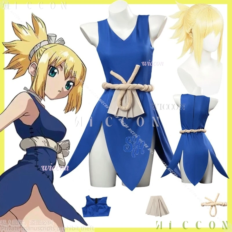 

Halloween Kohaku Amber Cosplay Anime STONE Costume Blue Sexy Mini Split Skirt Costume Adult Carnival Party Clothing