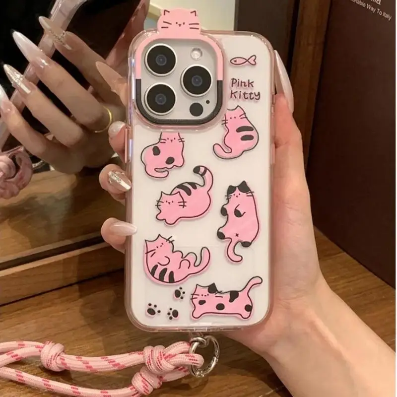 Creative Cute Cartoon Pink Kitten Lanyard Phone Case For iPhone 15 14 13 Pro Max Cat Bumper Shockproof Protective Clear Cover