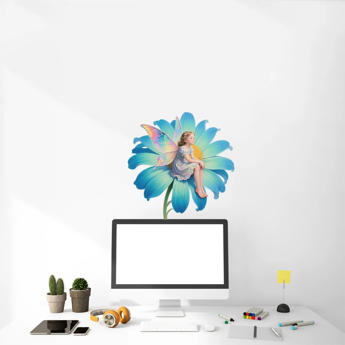Three Ratels CEE144 Bright Blue Flower Elf Flower Art Wall Stickers for Home Decoration gift decals