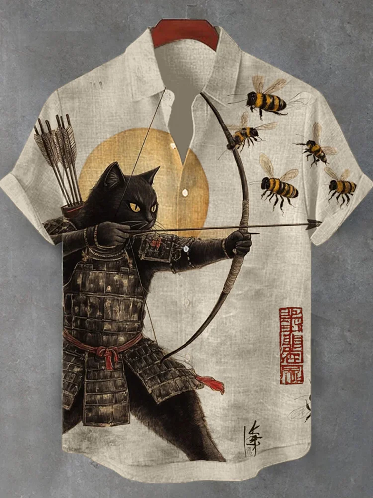 Retro Oversized Lapel Single Breast Tees Beige Printed Tops Men's Black Cat Tribal Warrior Japanese Kyudo Short Sleeve Shirt