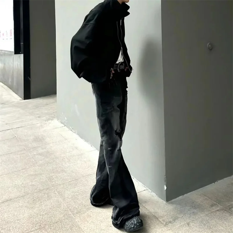 アメリカンスタイル ハイストリート ウォッシャブル ダメージ加工 パイルアップ ゴム入り マイクロフレア ジーンズ 2025 春秋 メンズ カジュアル ロングパンツ