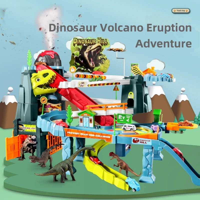 ไดโนเสาร์ Volcano Eruption ผจญภัยรถรางไฟฟ้าของเล่นสเปรย์และเพลงประกอบของเล่นเด็กคริสต์มาสของขวัญ