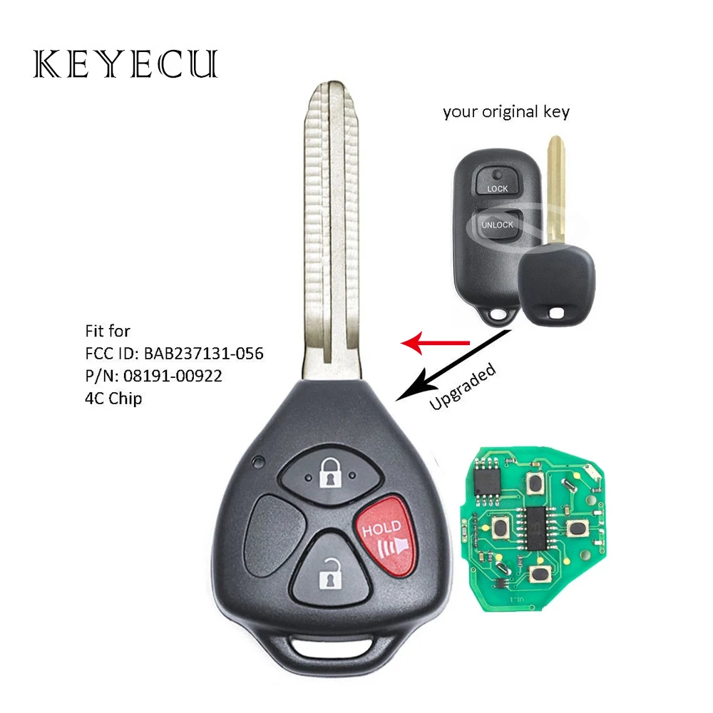 BAB237131-056 / 08191-00922 Upgraded Remote Key 3 Button for Toyota Tundra Tacoma Solara Sienna RAV4 Prius Corolla Camry Celica