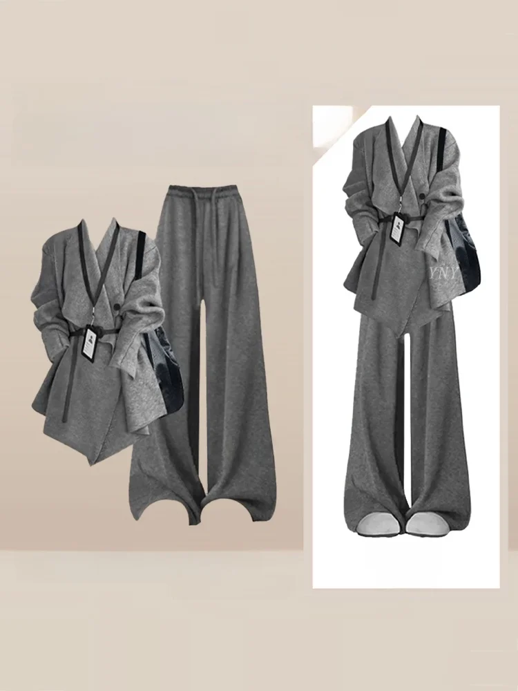

Gray Winter Leisure Korean Style Women's Suit Casual Knitted Shirt And High Waist Long Pants Fashionable Commute Look Set