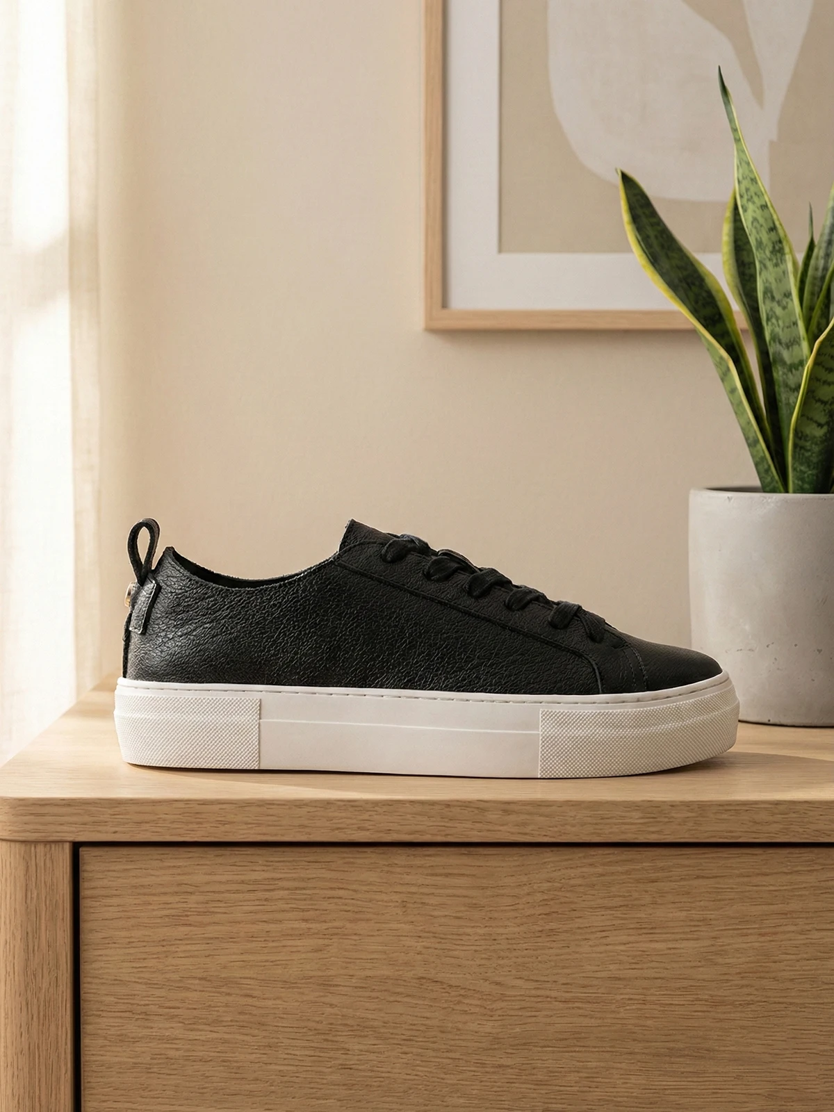 

Women Genuine Leather Platform Sneakers Casual Thick Sole Shoes Breathable Soft Litchi Texture White Black Ladies Walking Shoes