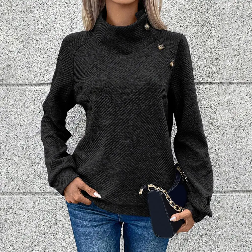 Women Fall Top Cozy Stand Collar Women's Sweatshirt with Slant Button Decor Elastic Cuff Thick Warm Loose Pullover for Fall