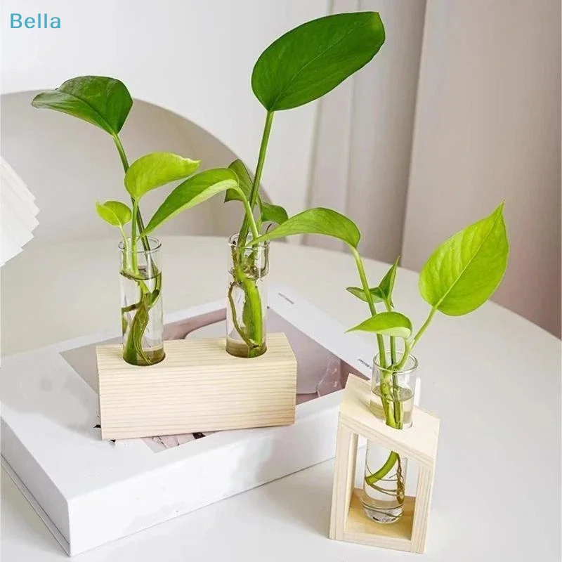 〔M〕Test Tube Glass Vase Plant Propagation Station Hydroponic Vases For Plants With Wooden Stand Terrarium Office Home Decor