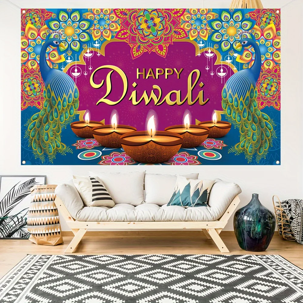 Joyful Diwali Celebration Banner Durable Polyester Wall Hanging, Vibrant Indian Festival Decoration