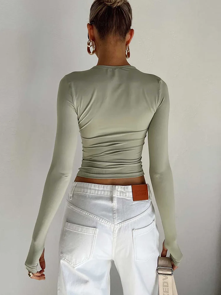 Fashion Women T-shirt Long Sleeve Crew Neck Solid Slim Fit Ladies Crop Top with Thumb Holes for Daily Streetwear Summer Camis image 2