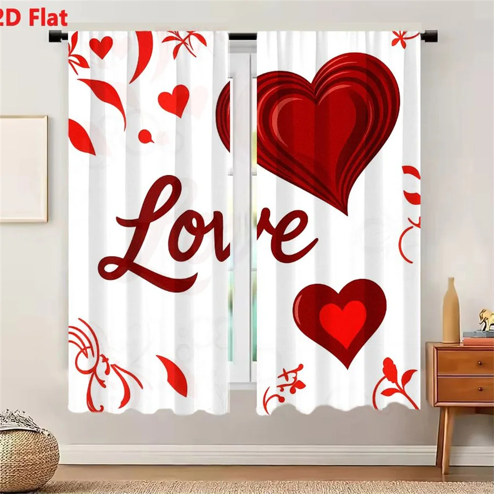 2Pcs Curtains Romantic Love Design With Red Hearts And Floral Motifs On White Background Window Drapes for Bedroom Room Decor De
